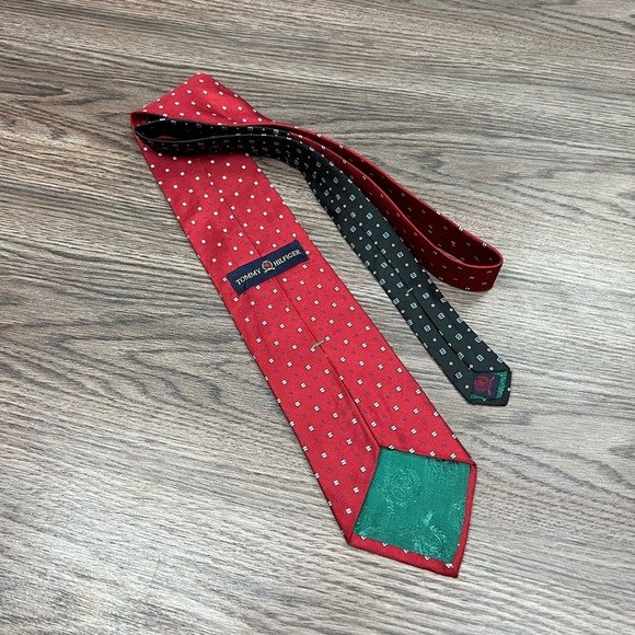 Tommy Hilfiger Red w/ White & Blue Check Silk Tie - Picture 2 of 4
